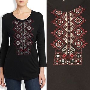 Lucky Brand Diamond Embroidered Black Top